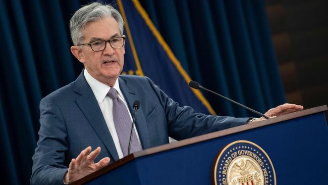 US Federal Reserve Chairman Jerome Powell talks to journalists after a Fed meeting. Picture: AFP