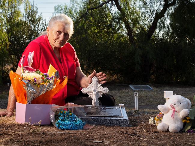 Maria Russo at the grave of her stillborn son Bernardino Russo-Rossi at AdelaideÃ¢â¬â¢s West Terrace Cemetery. Picture by Matt Turner.