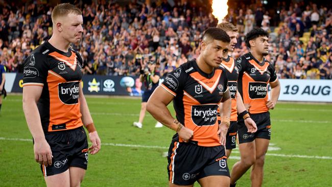 Wests Tigers dejected after a shocking call in round 19.