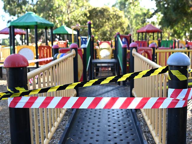 Tape blocks a playground entry during lockdowns. Picture: Getty Images