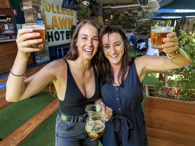 Nicole Anchen and Tricia Nicholls celebrating the end of 2021 at the College Lawn Hotel in Prahran. Picture: David Geraghty