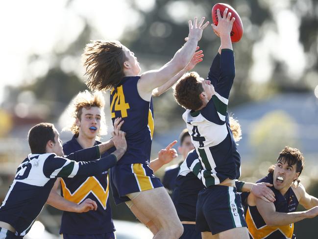 James Clark of St Patrick's College marks the ball during the Herald Sun Shield Senior Boys Grand Final between Whitefriars College and St Patrick's Ballarat at Box Hill City Oval. (Photo by Daniel Pockett/AFL Photos/via Getty Images)