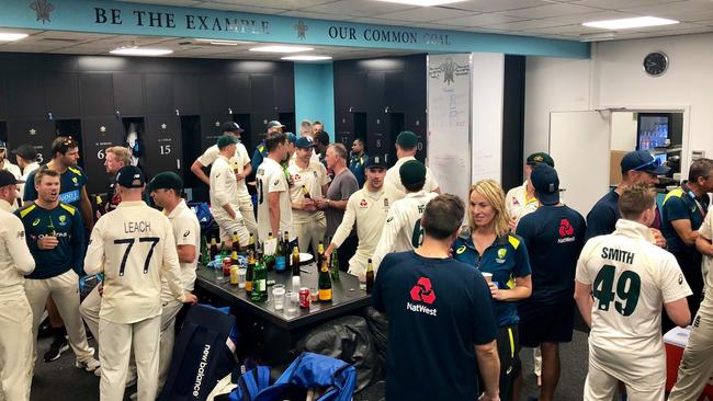 English and Australian teams get together for their customary post-series drinks after the 2019 Ashes series at Old Trafford. Photo: Danny Reuben