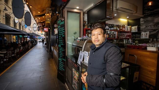 Cafe operator Johnny Sandish, of Xpressomondo in Degraves Street, fears for the business. Picture: Mark Stewart