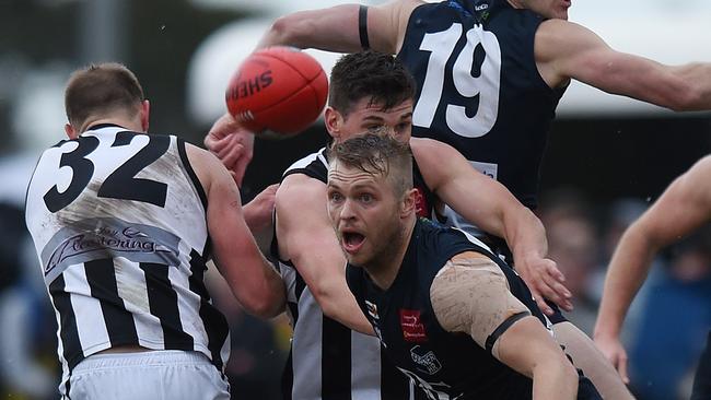 Berwick and Narre Warren do battle in this season’s AFL Outer East grand final. Picture: Josie Hayden