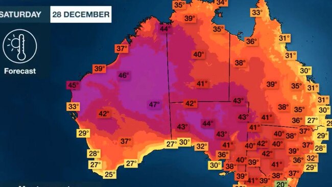 The heat forecast for Australia for Saturday, December 28. Supplied by Bureau of Meteorology