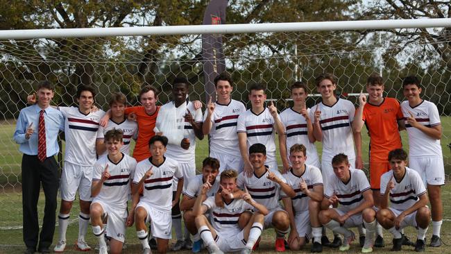 The Southport School celebrate their 2020 GPS XI premiership after a win over St Joseph's Gregory Terrace. Pic: Charlie Martin.