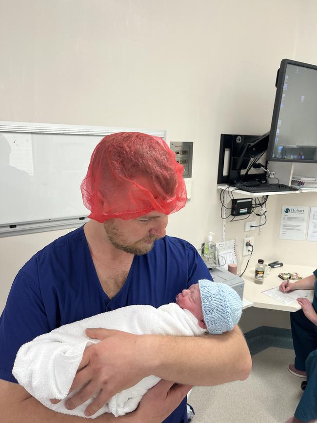 Brodie Gleeson with his newborn son at Hobart Private in 2024. Picture: Alysha Gleeson.