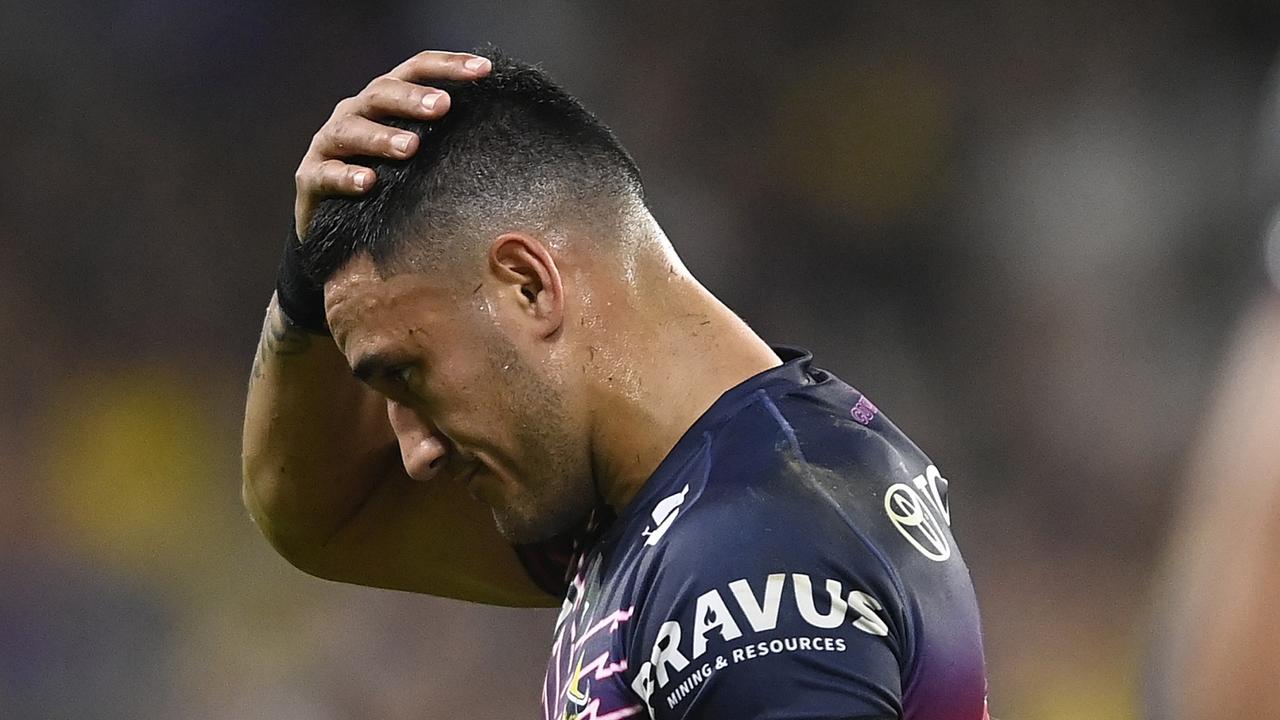 TOWNSVILLE, AUSTRALIA – JULY 22: Valentine Holmes of the Cowboys goes to the sin bin during the round 21 NRL match between North Queensland Cowboys and Parramatta Eels at Qld Country Bank Stadium on July 22, 2023 in Townsville, Australia. (Photo by Ian Hitchcock/Getty Images)