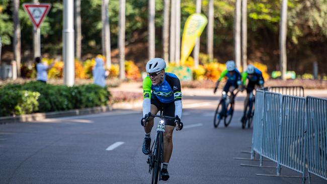 Phillip Brownscombe won the 122km Sunbuild Top End Gran Fondo crosses the finish line at the Top End Gran Fondo 2024. Picture: Pema Tamang Pakhrin