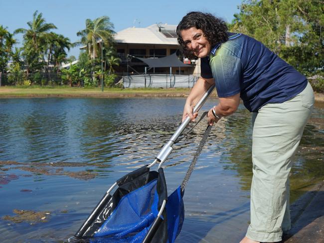 Palmerston mayor Athina Pascoe-Bell casting a net at Durack Lakes  for the Hooked on Palmerston barramundi catch and release competition. Picture: Supplied