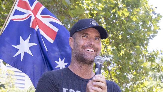 Pete Evans spoke in Hyde Park for the Millions March Against Mandatory Covid Vaccinations in Sydney. Picture: NCA NewsWire/Jenny Evans