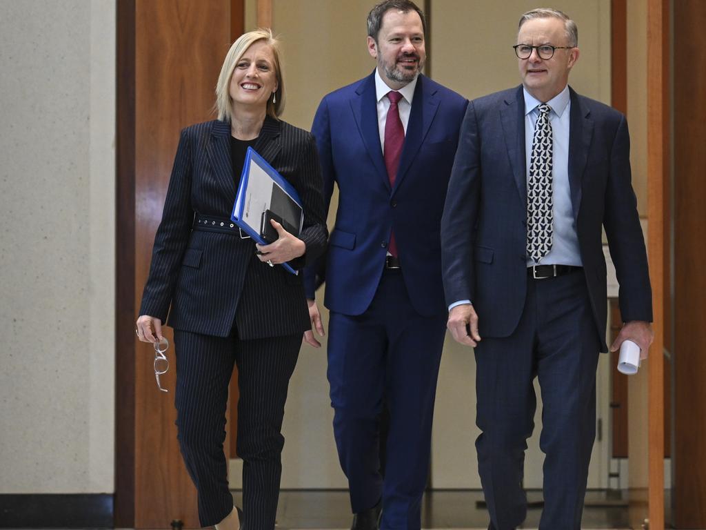 Katy Gallagher, Finance, Public Service and Women, Ed Husic, Minister for Industry and Science and Prime Minister Anthony Albanese arrive at the Jobs and Skills Summit at Parliament House.