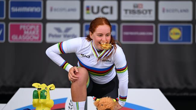 STIRLING, SCOTLAND – AUGUST 10: Gold medallist Felicity Wilson-Haffenden of Australia celebrates winning during the medal ceremony after the Women Junior Individual Time Trial a 13.4km race from Stirling to Stirling at the 96th UCI Cycling World Championships Glasgow 2023, Day 8 / #UCIWT / on August 10, 2023 in Stirling, Scotland. (Photo by Dario Belingheri/Getty Images)