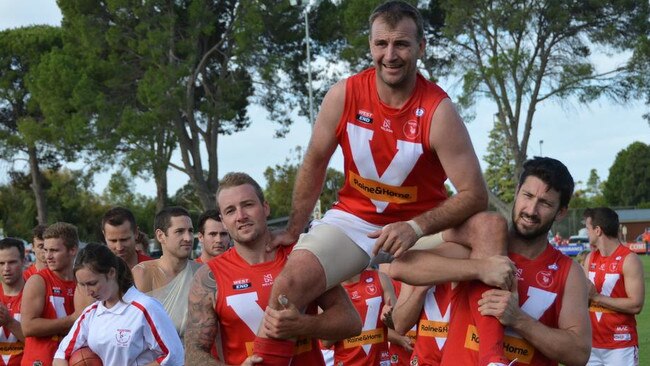 Strathalbyn Football Club legend Nathan Duffield is chaired off after his 400th senior game in 2017. Picture: Supplied, Great Southern Football League