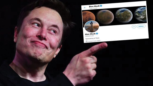 Elon Musk and his Twitter handle featuring his new 'technoking' tile. Pictures: AFP/Twitter