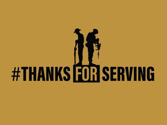 Thanks For Serving: Logos for the #ThanksForServing campaign, to launch across News Corp mastheads from October 14 2018. Preferred option is horizontal writing however vertical an option if column space is an issue. Design files, should artists need to adjust, available from  Justin Lees (News360), Lesley Hunter Nolan (Qld), Rohan Sullivan (NSW), Jo Schulz (Vic), Paul Ashenden (SA) and Damian Bester (Tas).Picture: Supplied