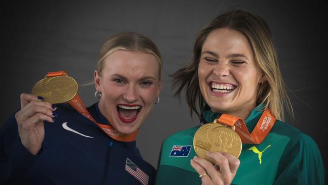 Women's pole vault joint gold medallist USA's Katie Moon (L) and Australia's Nina Kennedy. Picture: AFP