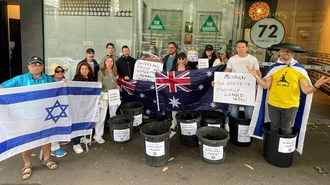 Pro-Israel protesters outside Senator Mehreen Faruqi's office on November 25, after the senator posted a picture with an anti-Semitic placard suggesting Israel and Israelis should be put in the bin. Picture: Supplied