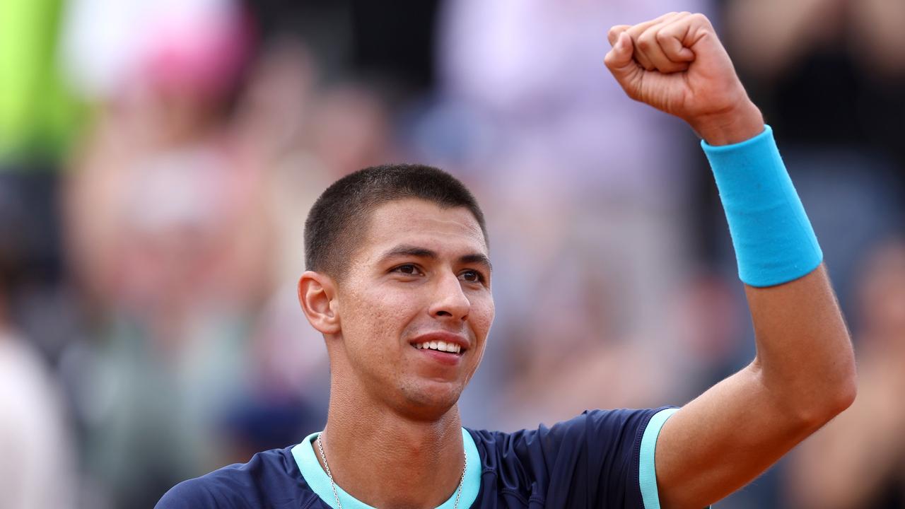ROME, ITALY - MAY 12: Alexei Popyrin of Australia celebrates following his men's singles match against Felix Auger Aliassime of Canada during day five of the Internazionali BNL D'Italia 2023 at Foro Italico on May 12, 2023 in Rome, Italy. (Photo by Alex Pantling/Getty Images)