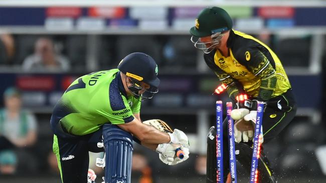 Fionn Hand is bowled by Adam Zampa. Picture: Getty