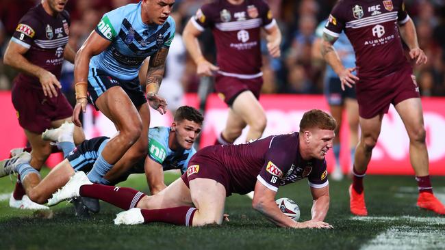 Dylan Napa’s no-try could have easily come back to haunt the Maroons were it not for a blistering second half. Picture: Cameron Spencer/Getty Images