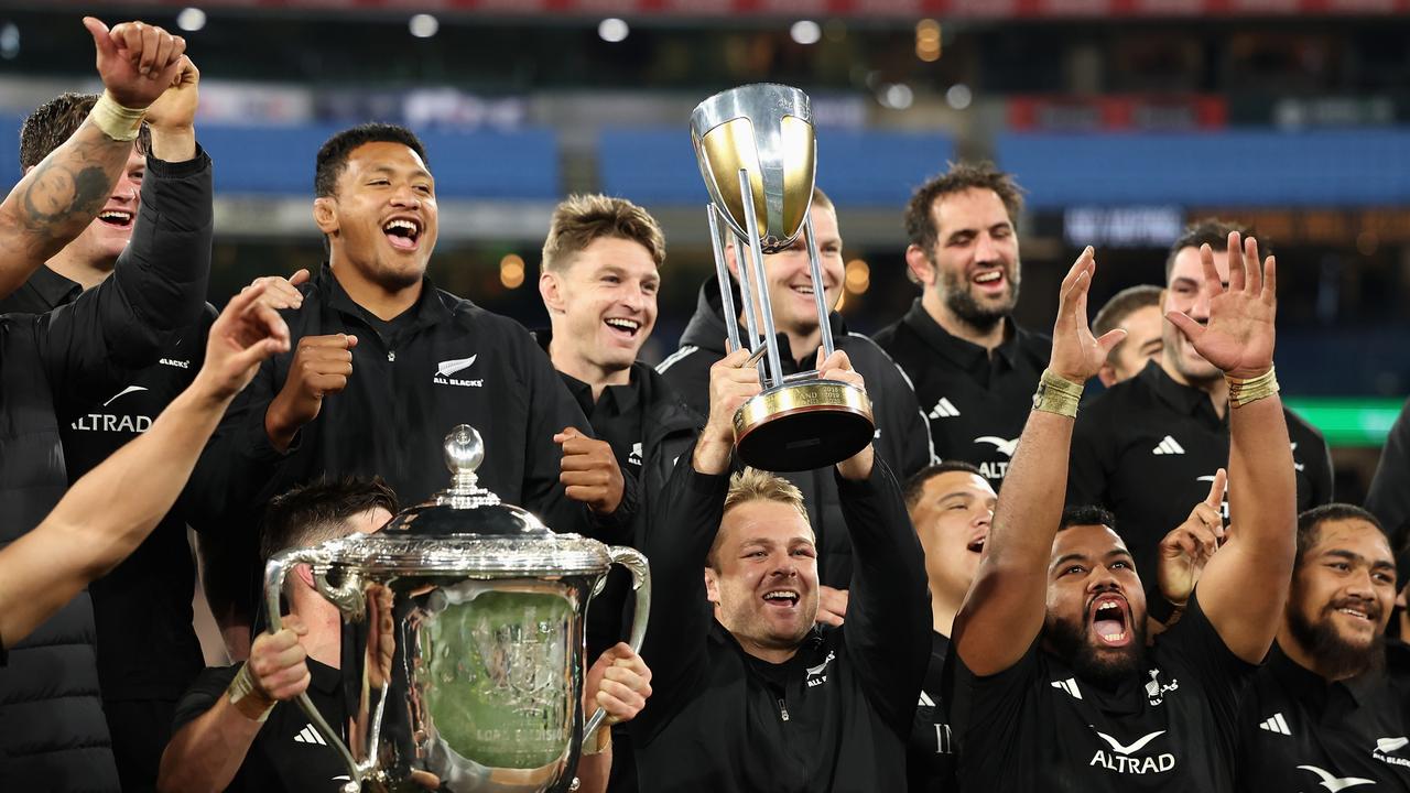 Injured All Blacks captain Sam Cane celebrates with teammates after winning The Bledisloe Cup last year. Picture: Getty