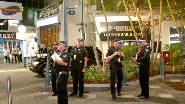 The Surfers Paradise party precinct on Thursday night — “more police than patrons”, one bar operator said. Picture Mike Batterham