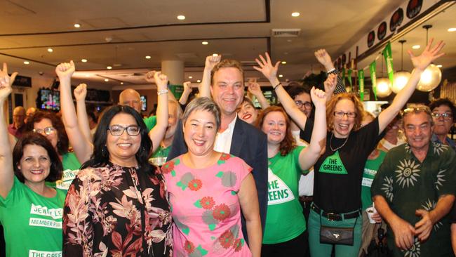 Greens MPs for Newtown and Balmain Jenny Leong and Jamie Parker celebrate after retaining their seats. Picture: Kate Christian.