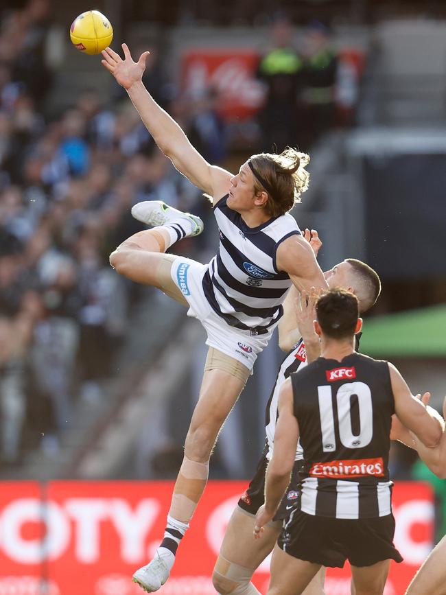 Rhys Stanley flies against Collingwood. Picture: Michael Willson/AFL Photos via Getty Images