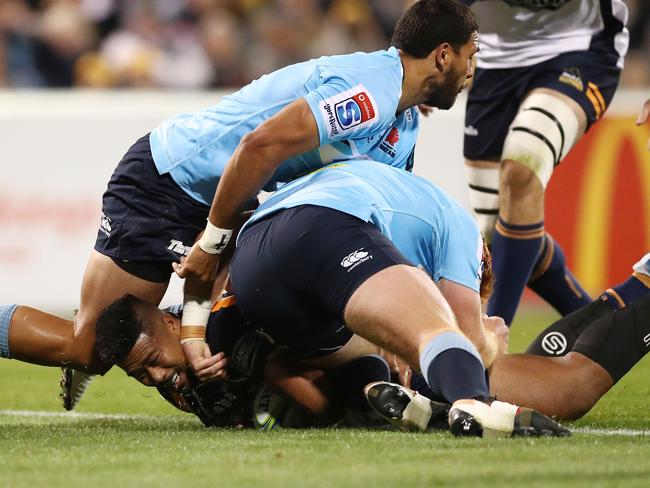 Folau Fainga'a of the Brumbies scores a try during the Brumbies big win against Waratahs.