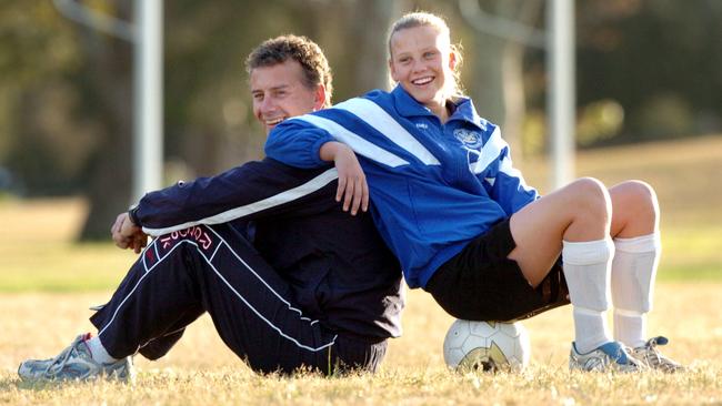 Former Socceroo Gary van Egmond with then 12-year-old Emily van Egmond as she prepared for National Primary School Championships.