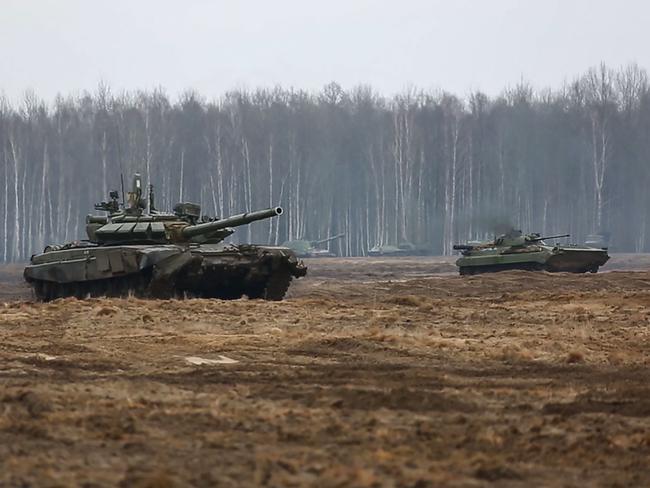 Tanks during joint exercises of the armed forces of Russia and Belarus. Picture: Russian Defence Ministry / AFP