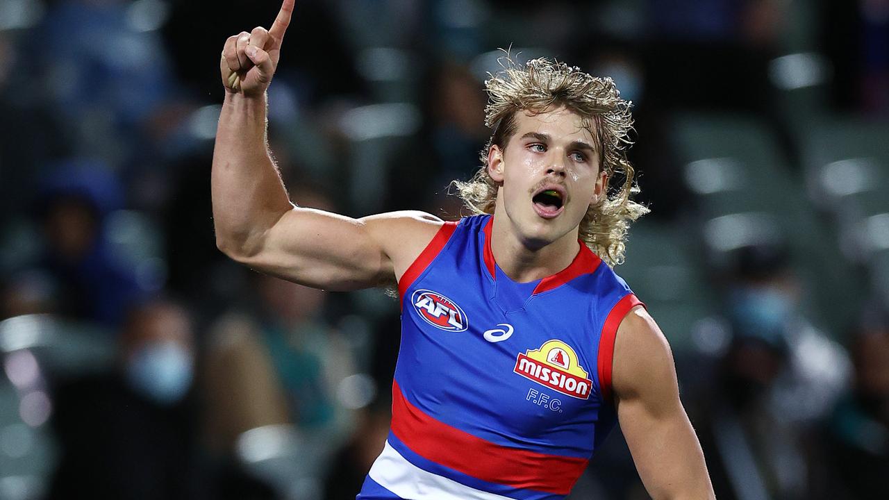 Bulldog Bailey Smith celebrates a goal against Port Adelaide. Photo by Michael Klein.