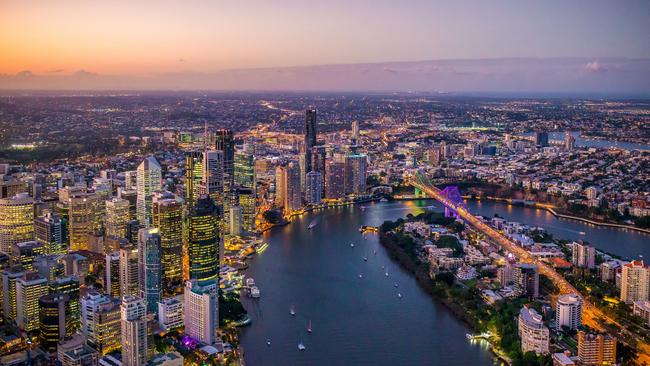 Brisbane city and river aerial view.