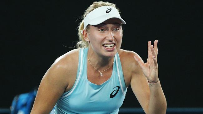 Daria Gavrilova remonstrates with the umpire after her line call plea was rejected.