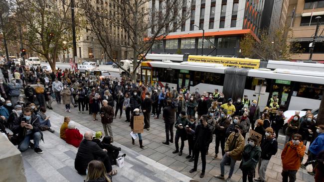 Protesters at Parliament House to oppose the new Security Response Section, which was launched by SA Police last week. Picture: Naomi Jellicoe