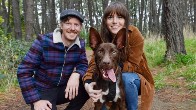 Tim Watts and Jordan Bishop walk their dog Jack in the Blackwood Forest Recreation Park at Hawthorndene. Picture: Brenton Edwards