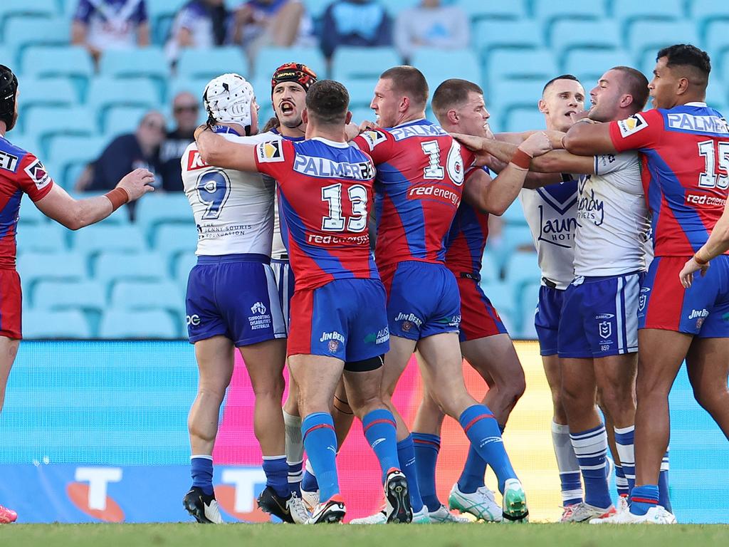 Players scuffle during the round seven NRL match between Canterbury Bulldogs and Newcastle Knights. Picture: Mark Kolbe/Getty Images