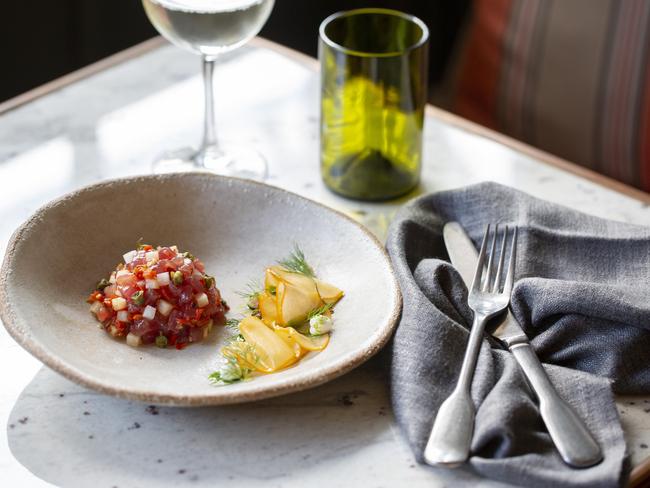 Yellowfin tuna with persimmon, fermented kolorhahi, dill and oil at Za Za Ta. Picture: Russell Shakespeare