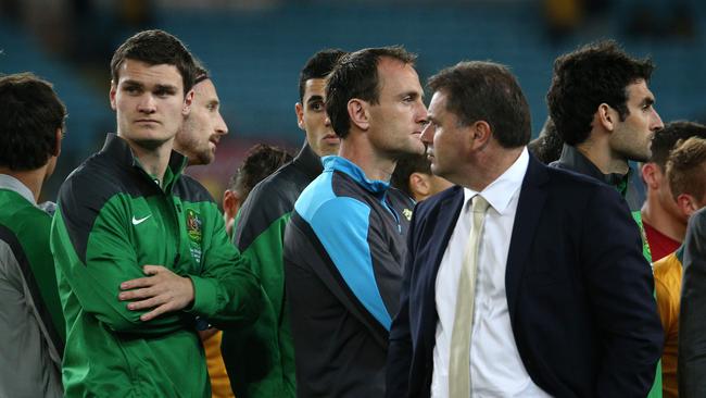 Australia V's South Africa, Socceroos, farewell match at ANZ Stadium Homebush, 26th May, Sydney Australia. Curtis Good on the podium after the match with Socceroos coach Ange Postecoglou Pic : George Salpigtidis