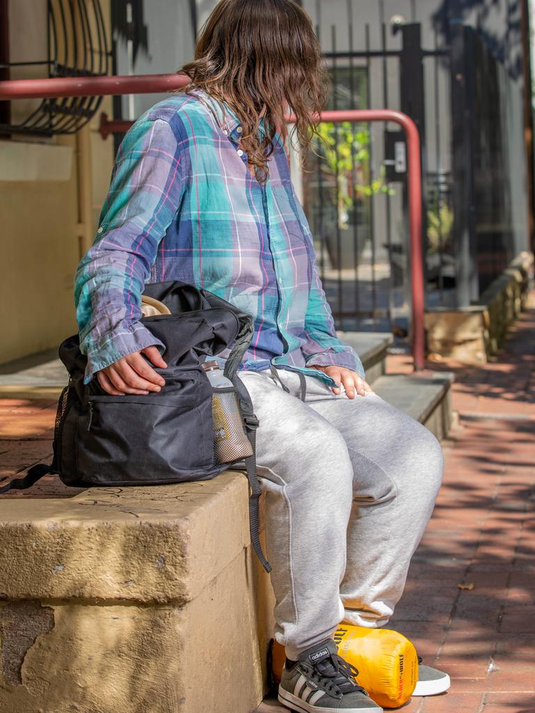 Tiffany has a small locker at the Hutt Street Centre, but everything else she owns is in the black bag to her right. Picture: Ben Clark