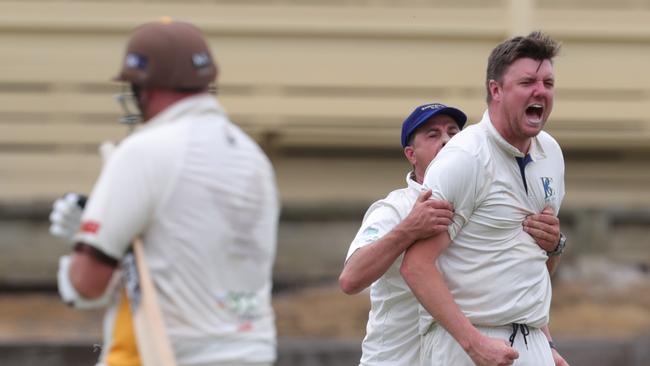 Barrabool bowler James Fisher celebrates after trapping Drysdale’s Charlie Clode leg before wicket. Picture: Mark Wilson