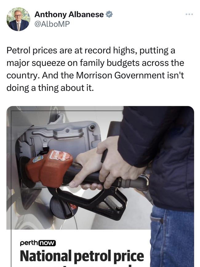 Twitter post from 23 November 2021 by Anthony Albanese criticising then Scott Morrisons government over petrol prices. Photo: Twitter