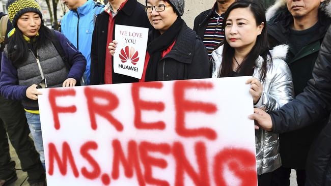 Supporters outside the Vancouver courthouse where Huawei executive Meng Wanzhou was due to appear this week. Picture: AP