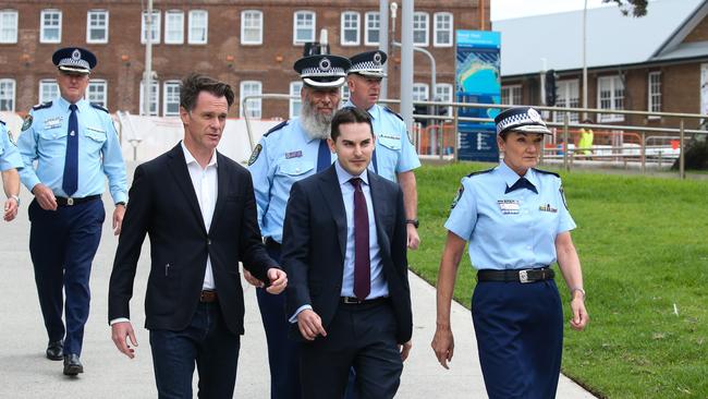 Chris Minns, Premier of New South Wales, Karen Webb, NSW Police Commissioner, David Ossip, President of the NSW Jewish Board of Deputies and Rabbi Mendel Kastel OAM, CEO of Jewish House, arrive for a press conference at Bondi to comment on the antisemitic vandalism of property that occurred overnight in Woollahra. Picture: NewsWire / Gaye Gerard