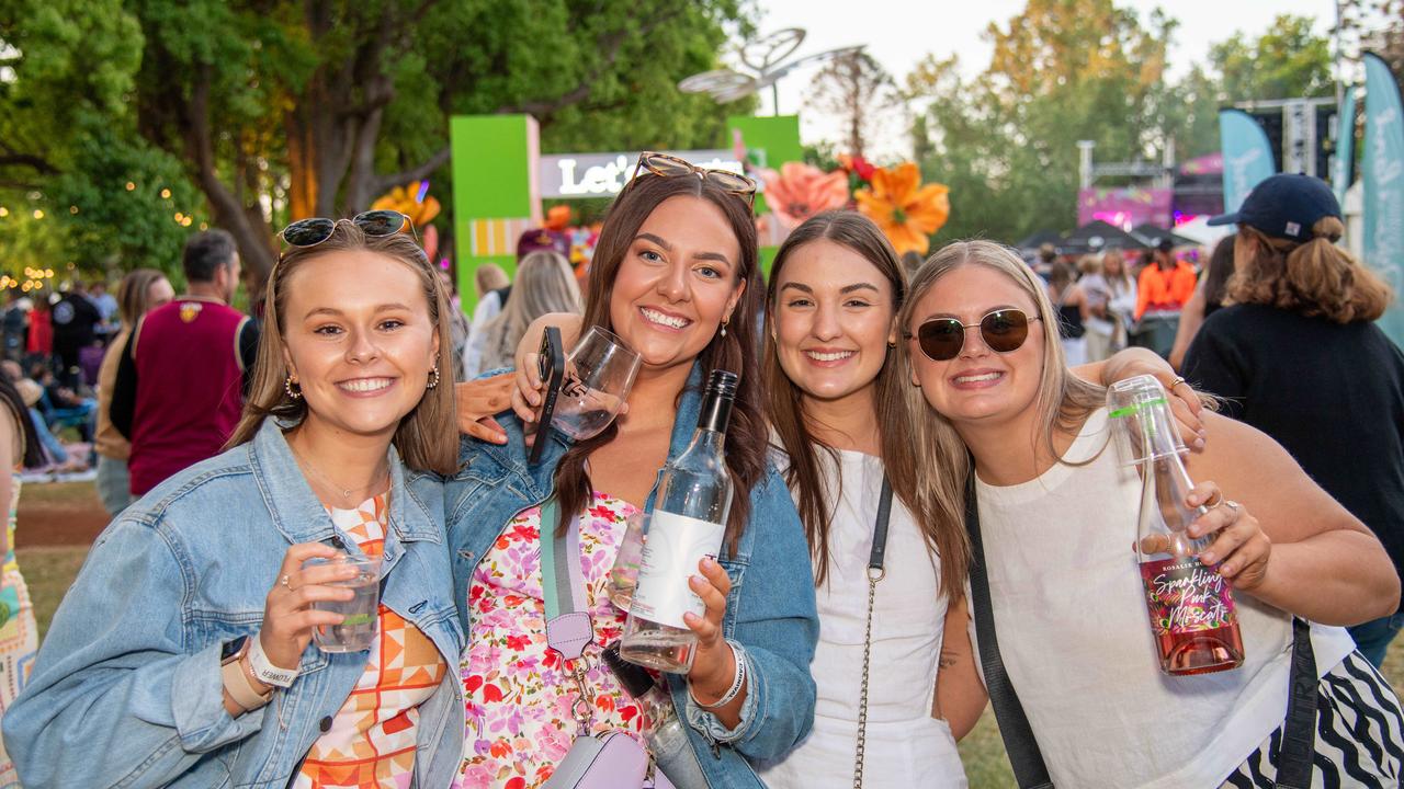 (From left) Grace Leggatt, Holly O’Regan, Holly Pritchard and Mackenzie King-Foullie. Toowoomba Carnival of Flowers Festival of Food and Wine. Saturday, September 14, 2024. Picture: Nev Madsen