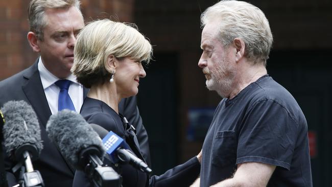 Julie Bishop welcomes Sir Ridley Scott for an announcement about his next film.