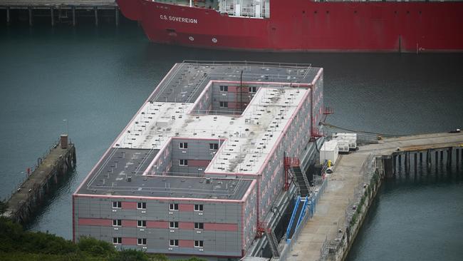 The deserted Bibby Stockholm immigration barge at Portland Port, in Portland, England. Picture: Finnbarr Webster/Getty Images