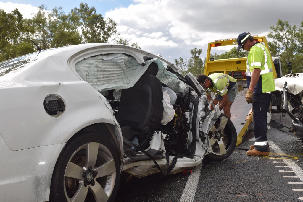 FATAL CRASH: The horrific scene of a two-vehicle crash along the Bruce Hwy at Kolonga, north of Gin Gin. Picture: Jim Alouat